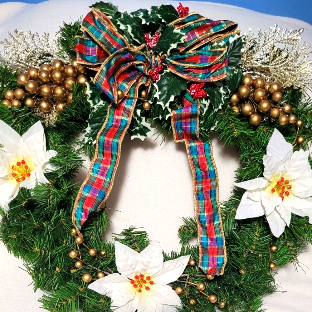 Fraser Fir Christmas Wreath, Red, Green, Gold, and Black Plaid Bow.